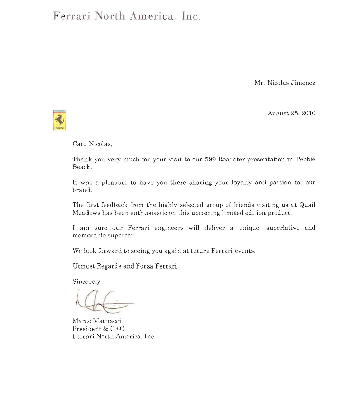 LETTER FROM FERRARI | Luxury4Play.com